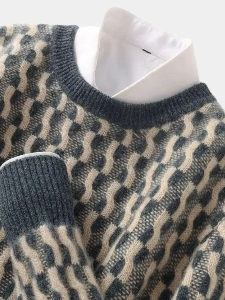 100% Wool Geometric Crew Neck Pullover Sweater - North & Row