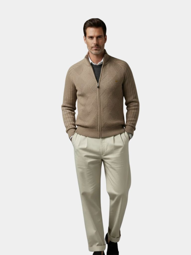 Knit Zipper Jacquard Solid Color Cardigan Sweater - North & Row