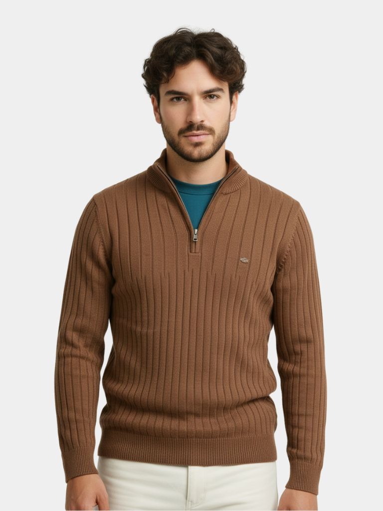 Cotton Knit Vertical Stripes Quarter-Zip Sweater - North & Row