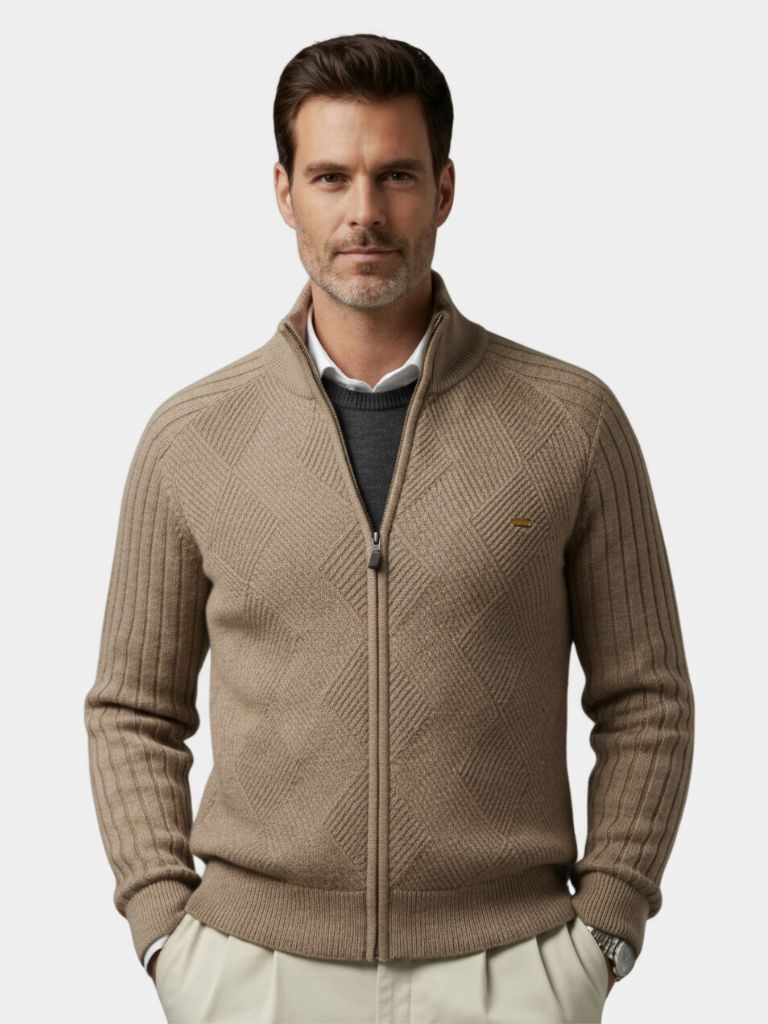 Knit Zipper Jacquard Solid Color Cardigan Sweater - North & Row