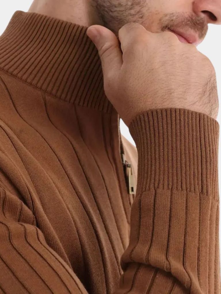 Cotton Knit Vertical Stripes Quarter-Zip Sweater - North & Row