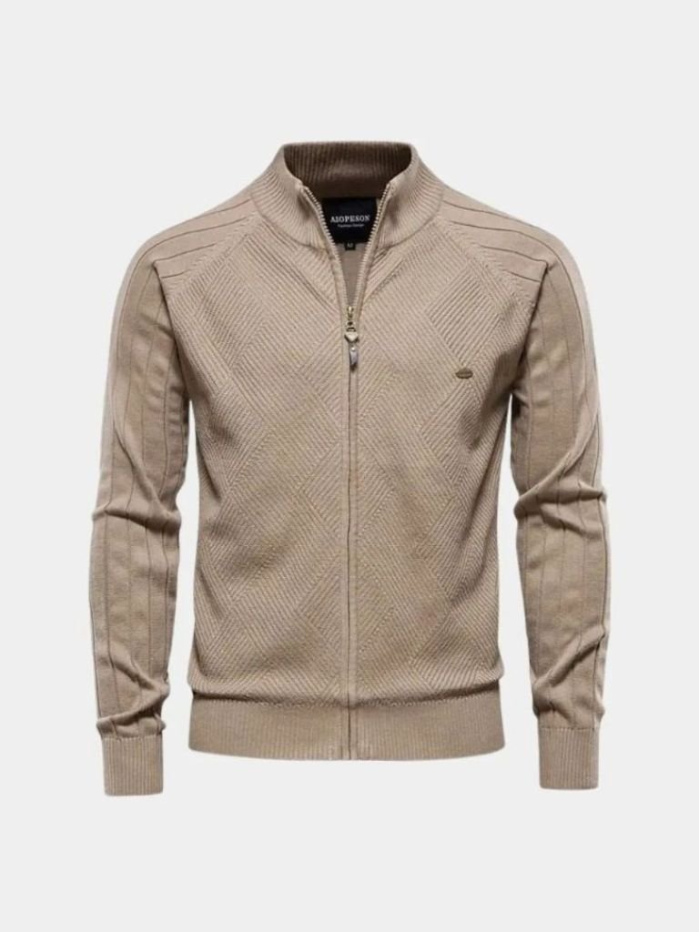 Knit Zipper Jacquard Solid Color Cardigan Sweater - North & Row